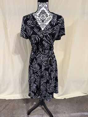 Mikarose Black and White Leaf-Print Wrap Midi Dress